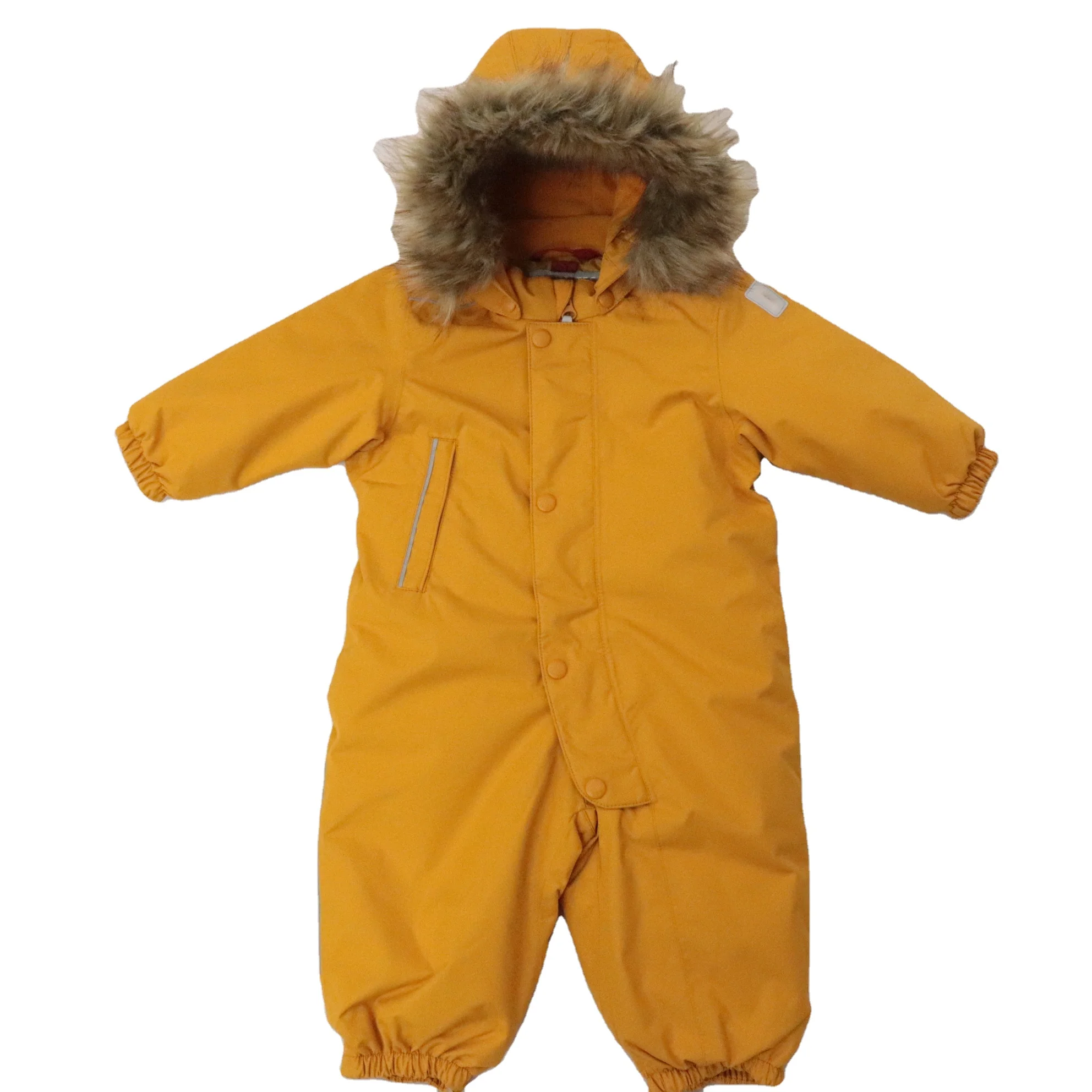 High quality OEM fur collar hooded yellow Nylon baby winter jacket one piece snow boarding sets suit clothes for kids
