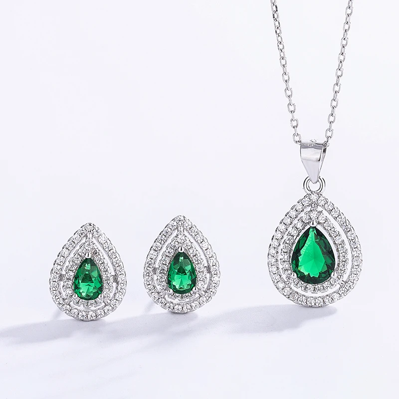  Custom 925 Sterling Silver Set pear Emerald Pendant Earrings Jewelry Wedding and wedding supplies