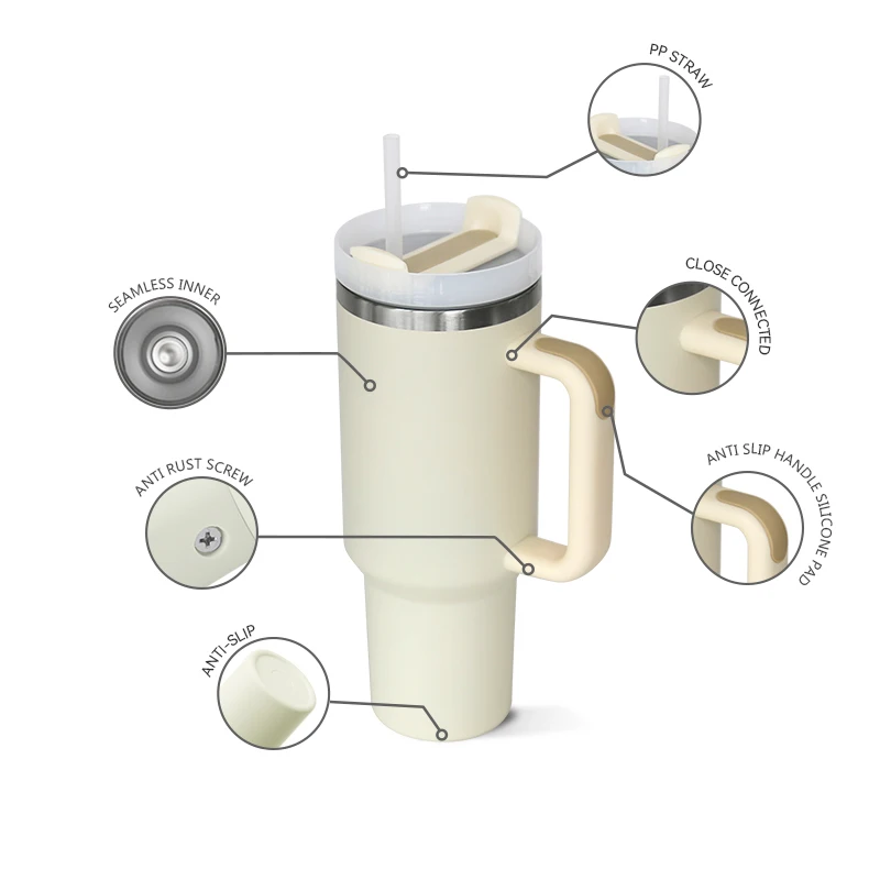 40 Oz Sublimation Tumbler Blank Stainless Steel Insulated Travel Mug Double Wall Cup With Handle & Straw