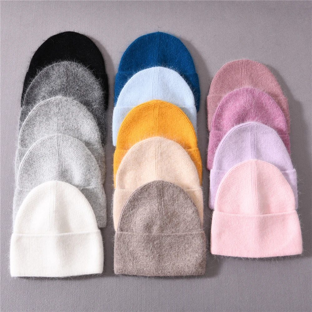 Fashion Custom Logo Women Fuzzy Beanie Hat Vintage Plain Long Rabbit Hair Fluffy Cuffed Warm Soft Knitted Beanie Hat Angora