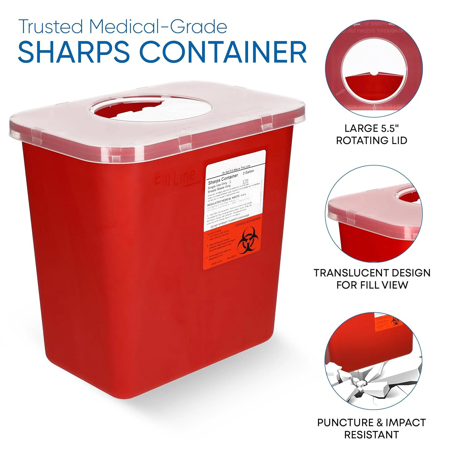 CE Certified 8 Quart 2 Gallon Biohazard Needle and Syringe Disposal Sharps Container with Rotating lid