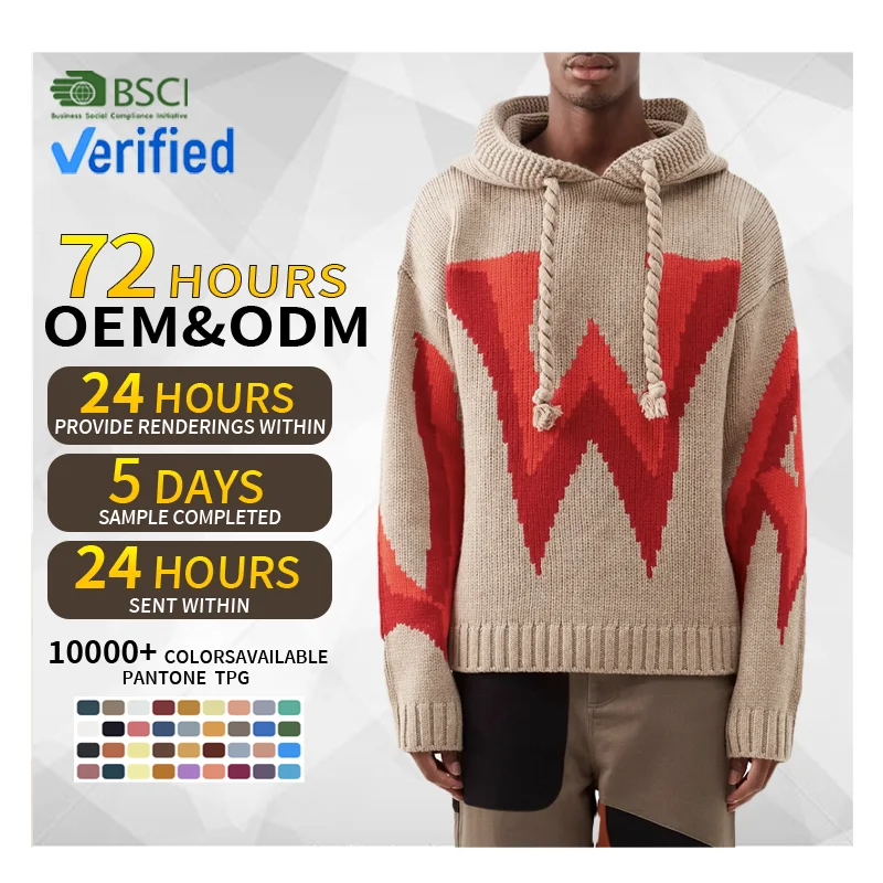 CaiNan custom logo jacquard knitted hoodie pullover men gothic wool sweater hoodies drawstring hoody sweaters for men