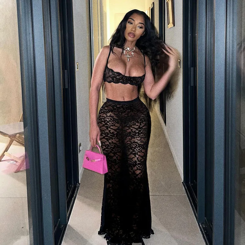 2024 Summer New Product Sexy Hollow Strap Top Solid Color High Waist Skirt Lace Set