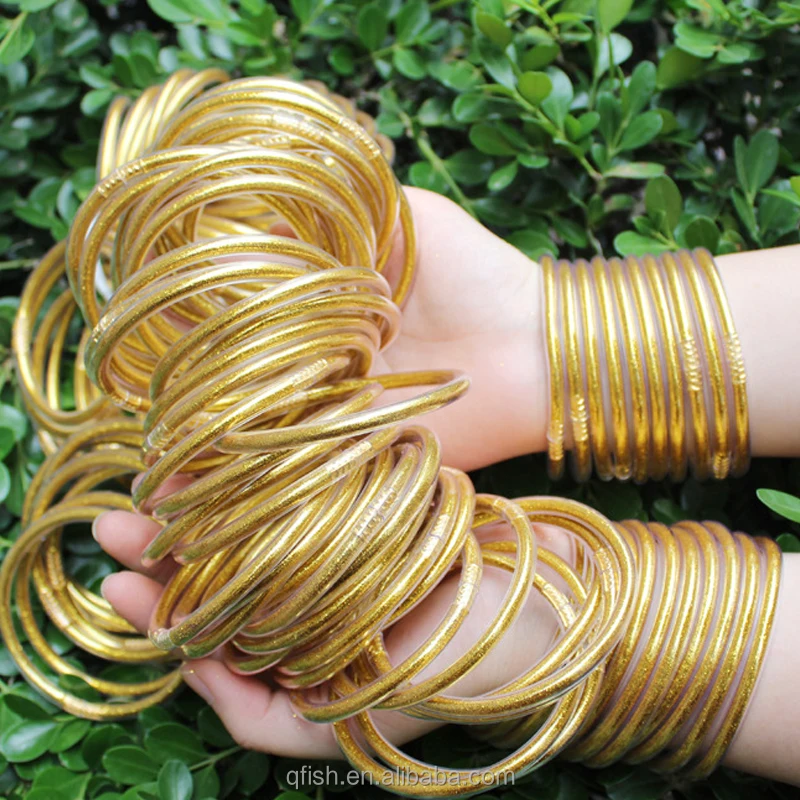 5 Pieces Sets Silicone Plastic Bling Stackable Multilayer Wristband Bangle Glitter Filled Jelly Bangle Bracelets