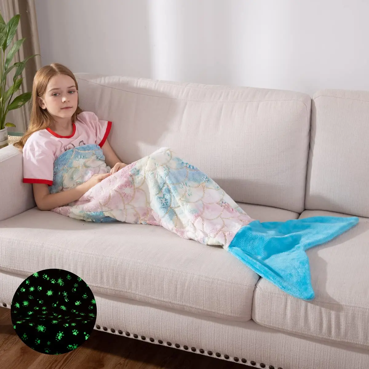 WIDEAL Mermaid Tail Blankets Glittering Wearable Cute Cozy Soft Flannel Rainbow Colorful Mermaid Tail Blanket for Kids 5~12 Year