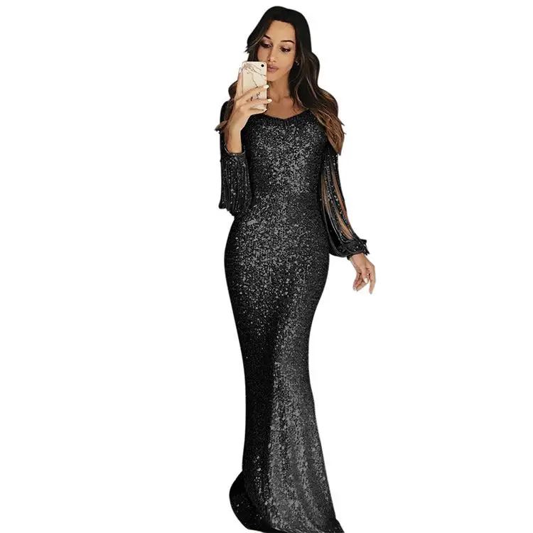 Women Bling Bling Glittering Party Dresses Tassels Long Sleeve Europe Sexy Lady Evening Party Cocktail Clothes Maxi Long Dress