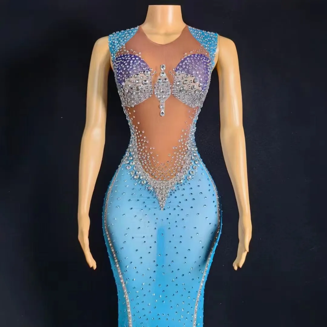 Sparkly Rhinestones Sleeveless Split Blue Long Dress for Women Sexy Celebrate Evening Prom Birthday Photo Shoot Dress Stage Wear