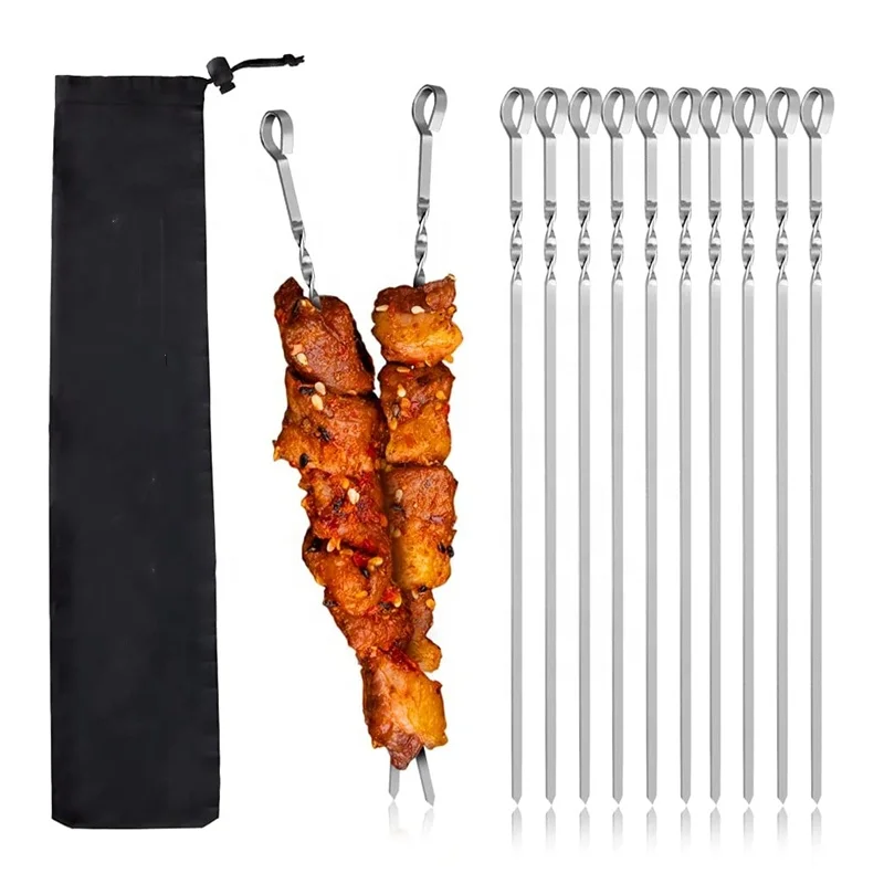 Hot Selling BBQ Accessories 12 Pieces 17 Inch Flat Metal Grilling Brazilian Reusable Stainless Steel BBQ Skewer