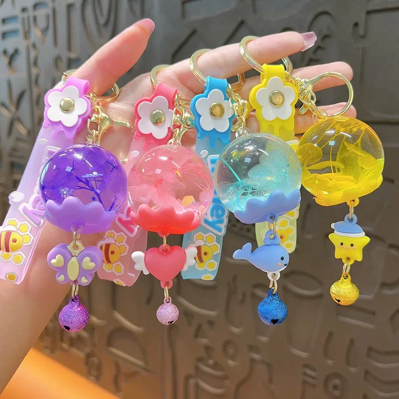 Candy-Color Floating Liquid Quicksand Flower Keychain Wind Bells Pendant Key Ring with Butterfly Whale Star Gifts for Women