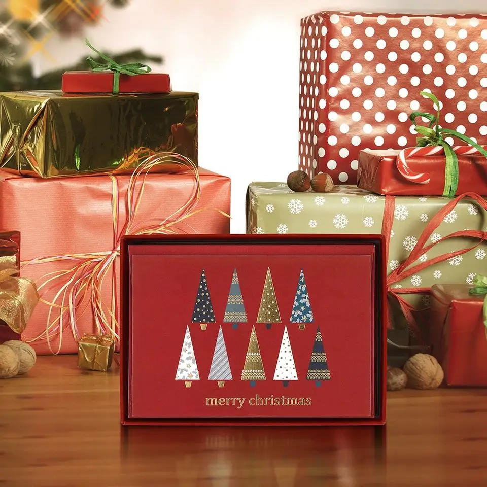 Custom Printed Handmade Paper Christmas Tree Boxed Happy Holidays Greeting Cards with Envelope Set