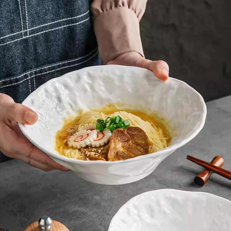 Crinkle surface design white hotel restaurant tableware 6.5/8.5 inch porcelain serving bowl ceramic noodle ramen bowl for food