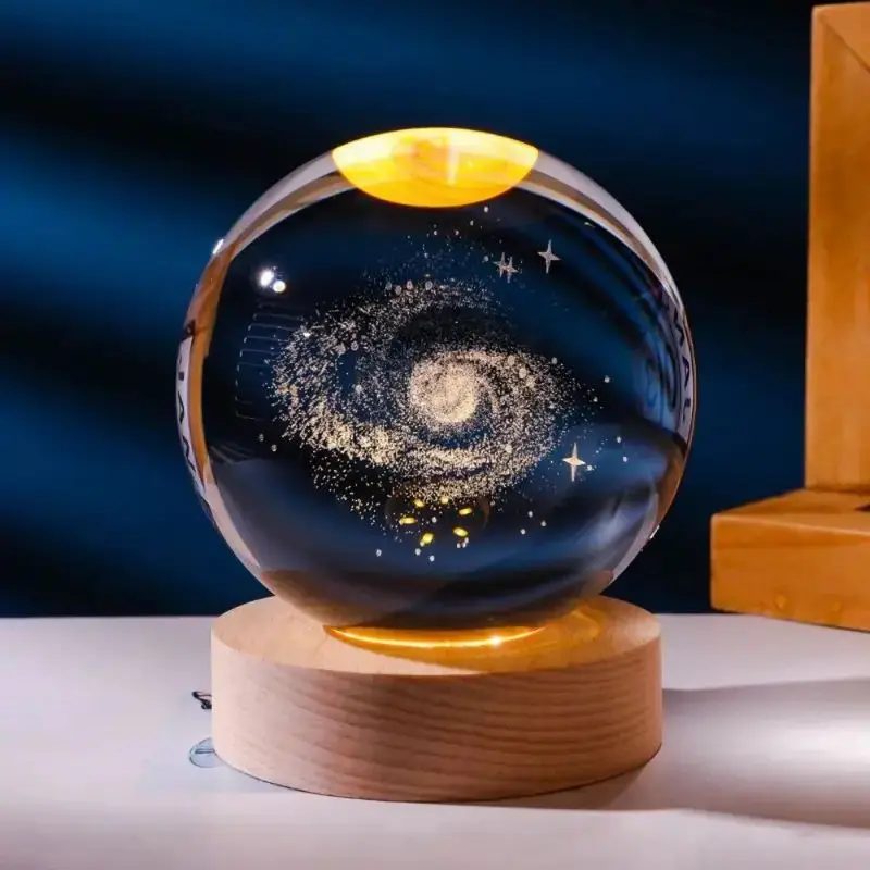 3D Art Solar System Night Ball Galaxy Luminous Ornament Crystal Ball Night lamps With LED Wood Base