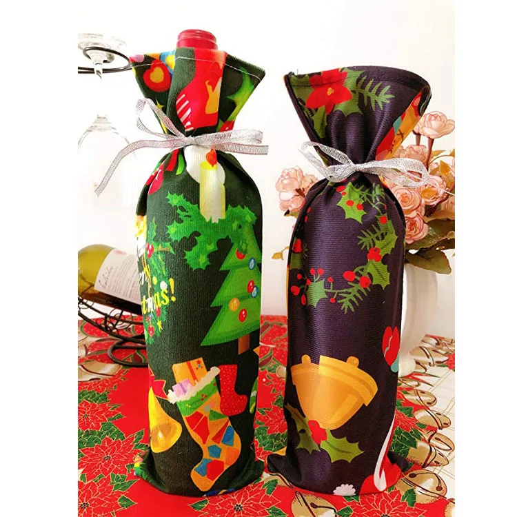 Custom Santa Wine Bottle Cover Christmas Dinner Party Table Decor Wine Gift Bags Merry Non Woven Christmas Cotton Bag 14 Folding