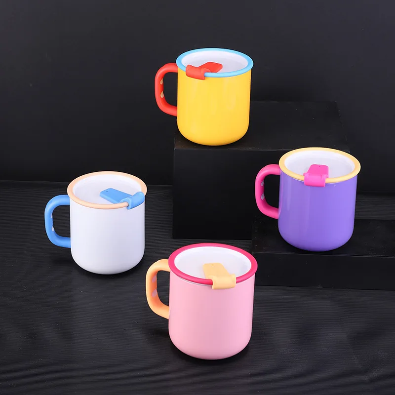 mini double wall 304 inside Ceramic powder coating Coffee Mug Set  Coffee Mug with colorful Handle and lid milk cup