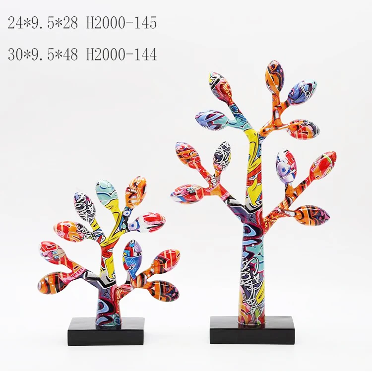 H home decoration colorful modern abstract graffiti water transfer colored tree resin statues