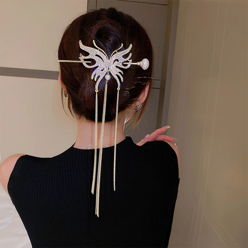 fashion quality long chain tassel butterfly crystal hairpins