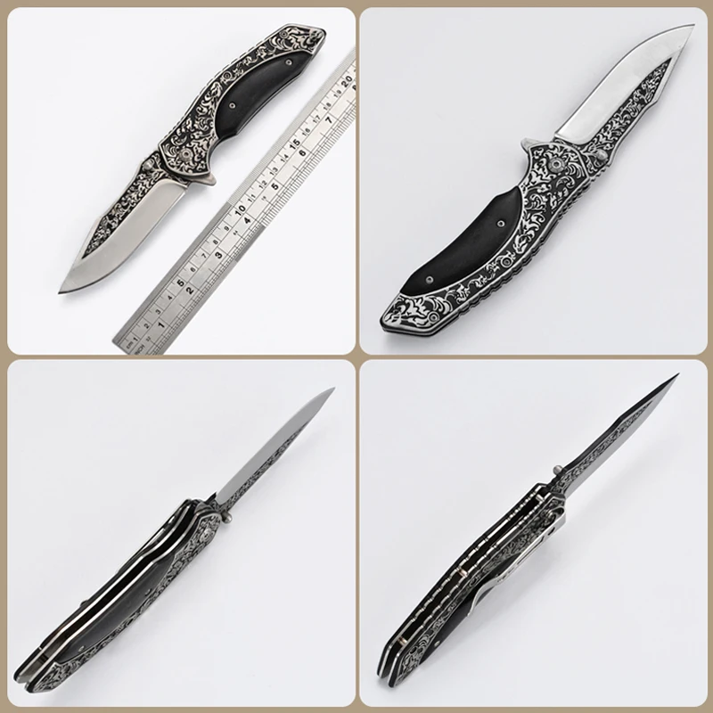 Free Sample Wholesale Outdoor Field Fold Self Defense Survival Camping Wooden Blank Pocket Knife With Flower Texture Carving