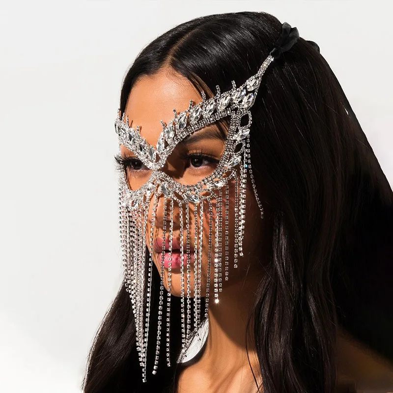 Halloween masquerade zirconia cat girl mask Christmas party openwork tassel face mask Blindfold