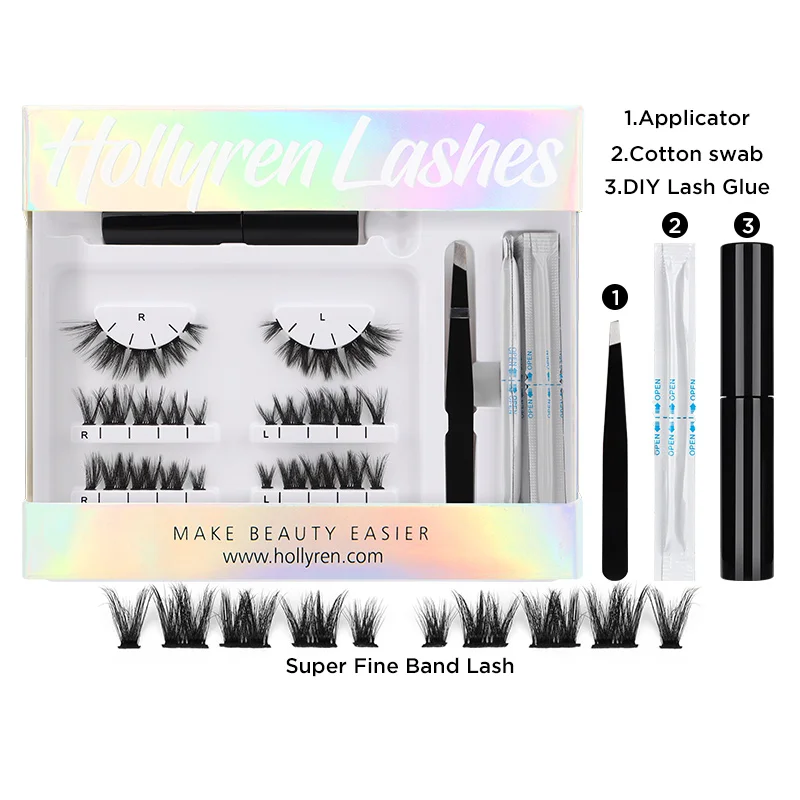 Hollyren Diy Mink Cluster Lash Kit wholesale Vegan Individual Eyelash Clusters Wide Thin Band Lash Ribbons Pre Mapped Lashes
