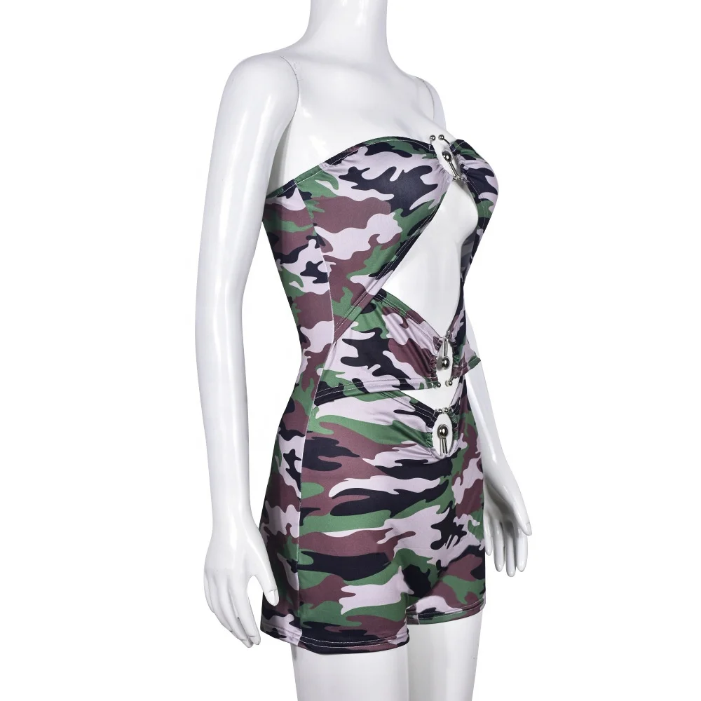 OUDINA Stylish Summer Hot Style Backless Bodysuit Hollow Print Women Bodycon Camouflage Jumpsuit