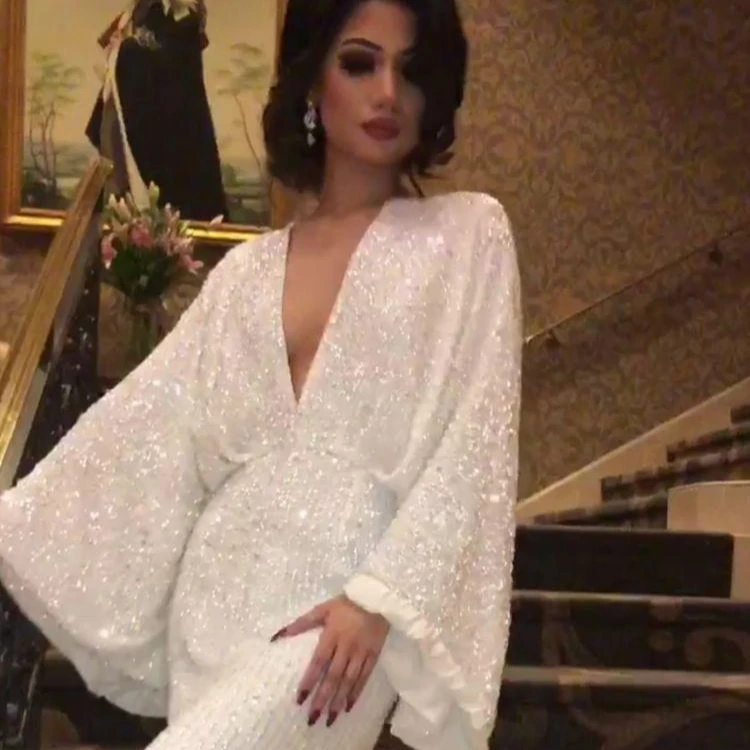 Custom Women Luxury Formal  Sequin dress for elegant lady Horn sleeve Evening Dresses