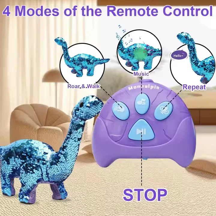 Sequin Dinosaur Plush Toy Walk Repeat Roar Sing Two Color Change RC Animal Toys Birthday Gifts For Girls