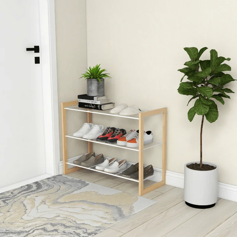 4-Tier shoe rack wooden, Industrial Shoe Storage Organizer with 3 Metal Mesh Shelves, Ideal for Entryway, Hallway, Bedroom