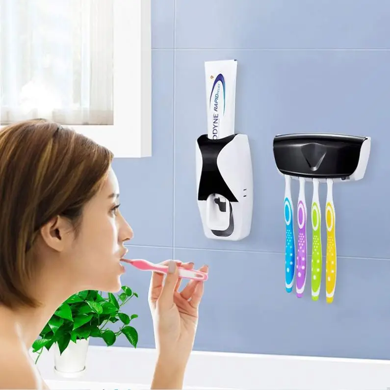 In Stock Hot Sale Dustproof Automatic Toothbrush Dispenser Toothpaste Squeezer Kit Wall Mount Bathroom Set Toothbrush Holder