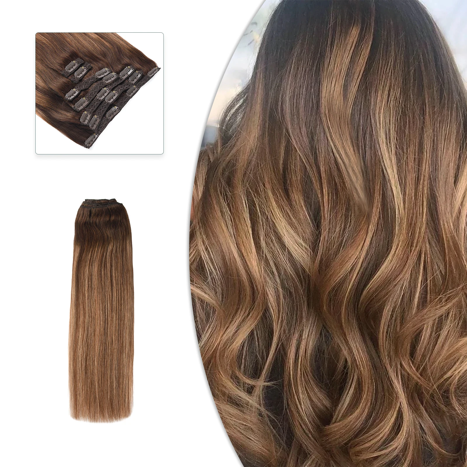 Neitsi Clip In Hair Extensions Long Wavy Hair Extensions Synthetic Ombre Honey Blonde Dark Brown Thick Hairpieces