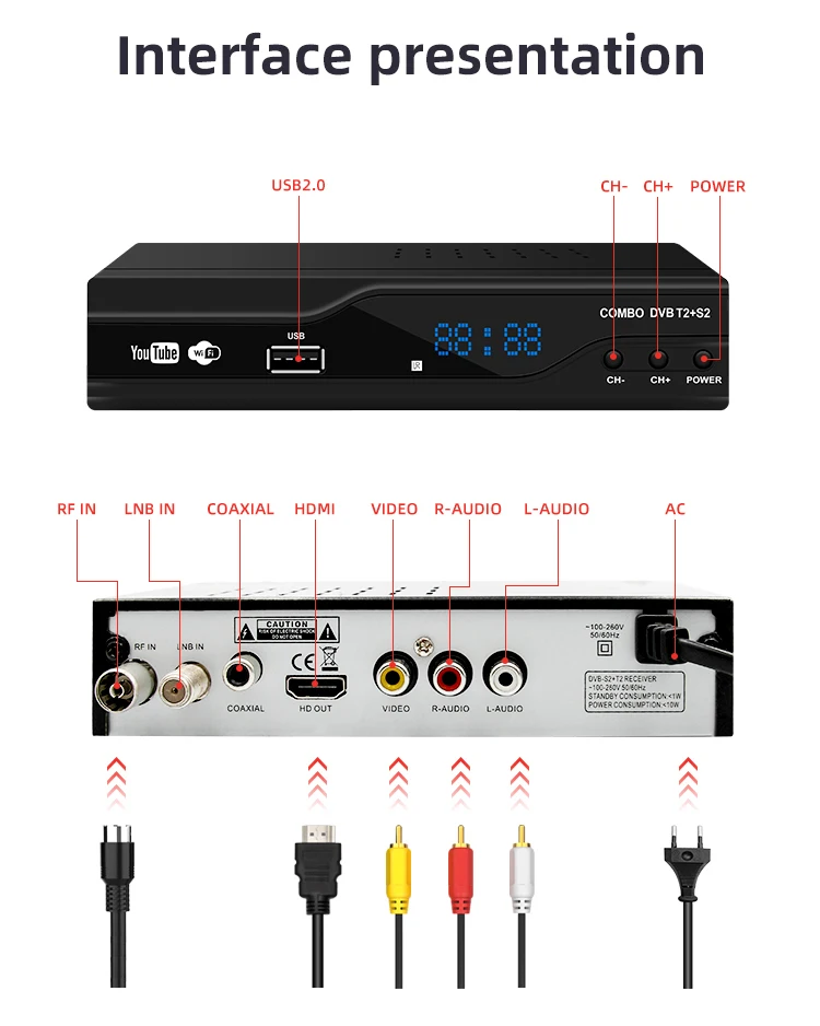 Factory hot selling HUIFENG HD Free To Air LNB YouTube GX6605S Chipset DVB T2 DVB S2 DVB Combo Decoder Satellite TV Receiver