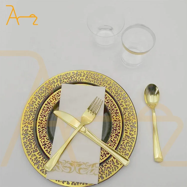 Custom luxury black gold rim plastic plates sets cake dessert dinner wedding party round disposable plates in bulk