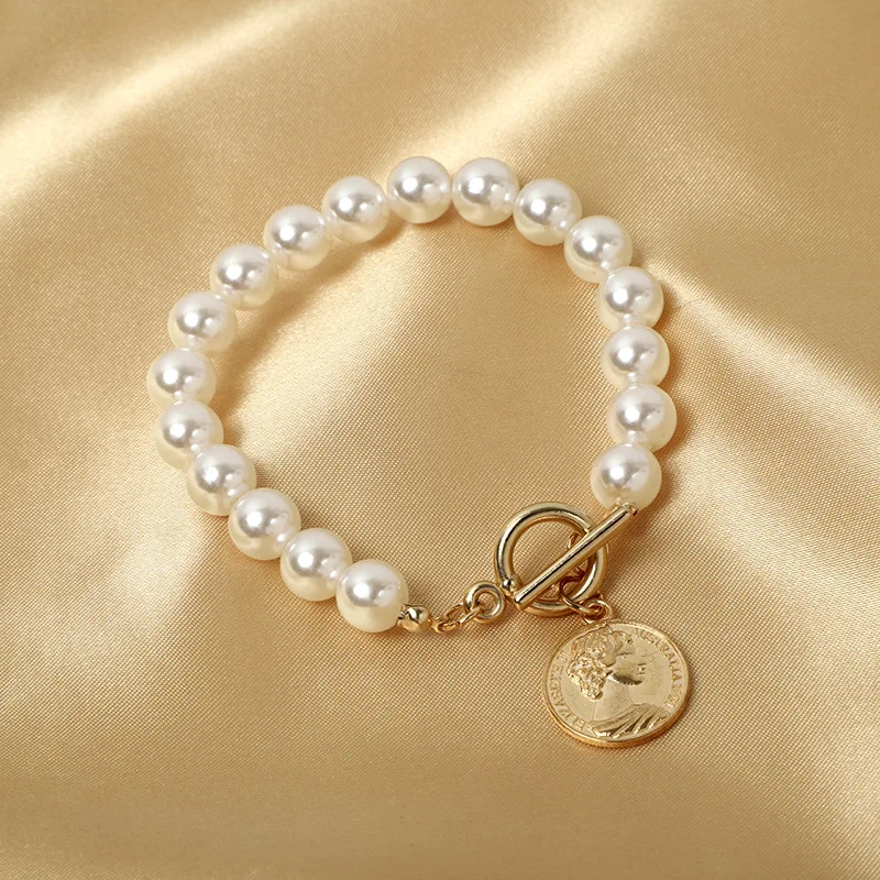 Vintage 18k Gold Plated Baroque Mother Of  Coin Pearl Beaded Chain Choker Necklace Bracelet Jewelry Women