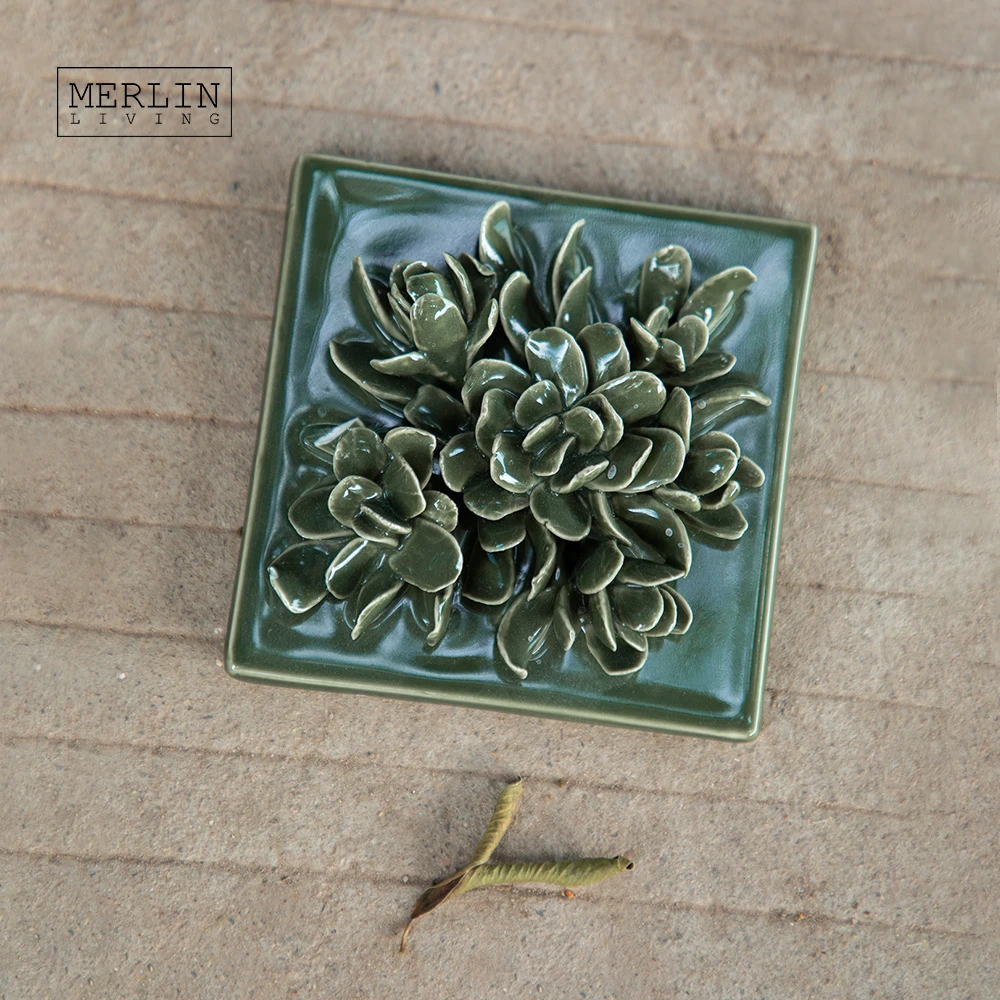 Merlin Living Handmade Ceramic Wall Art Square Board Handmade Ceramic Flower home decor wall Chaozhou Ceramic Factory OEMODM