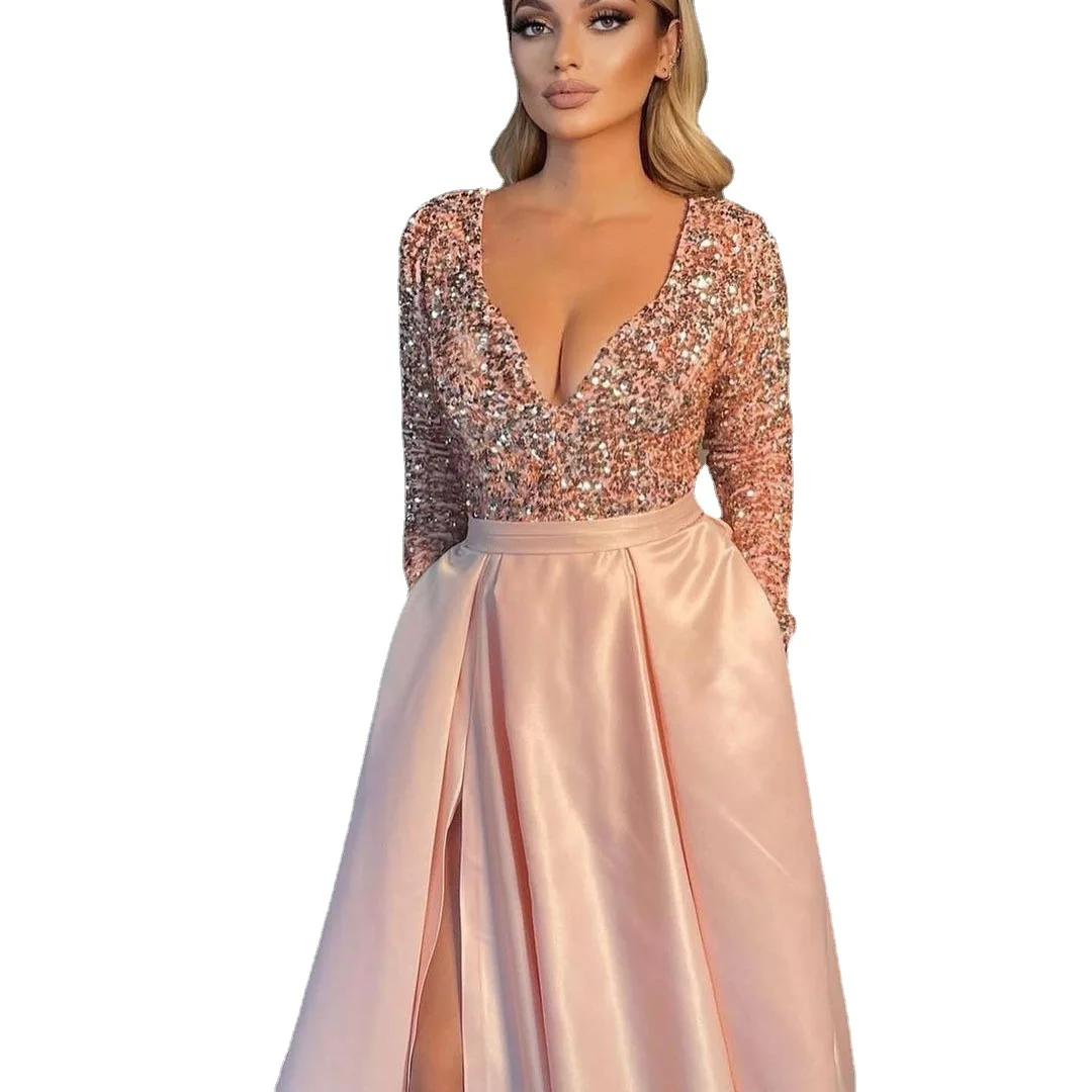 New Arrival Sexy Women V Neck Long Sequin Evening Dresses Beaded Wedding Evening Dresses Thigh Split Prom Dresses