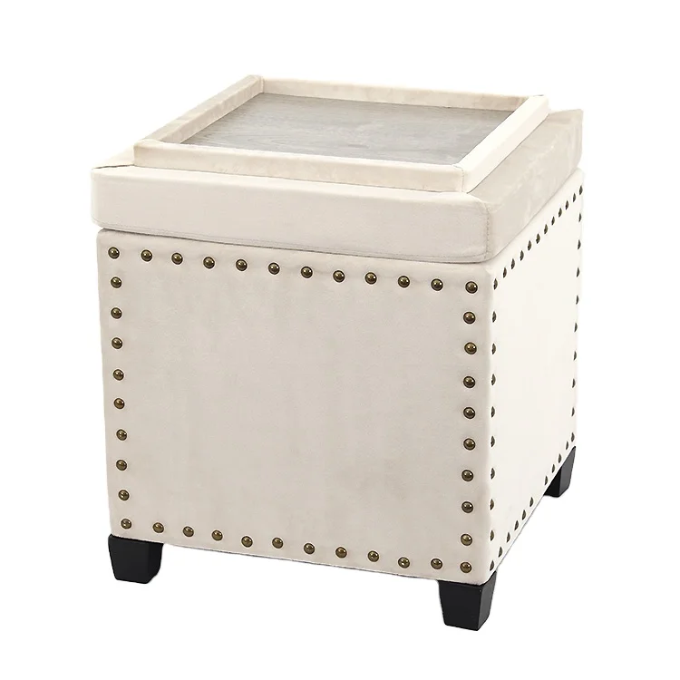 new design luxury space saving living room wood and metal lid storage ottoman wooden leg cube