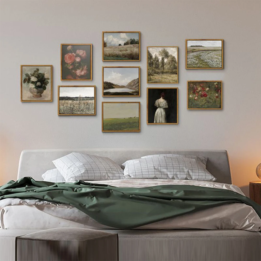 Framed Canvas Wall Art Vintage Decor, Classical Scenery Oil Painting, Home Wall Decor for Bedroom Living Room Bathroom Decor