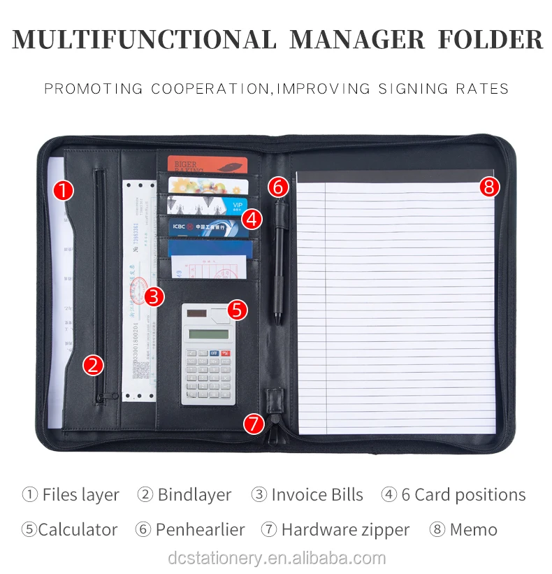 Fashion Leather Business Folder Portfolio Bag A4 Brown File Folder Organizer Full Zipper Closure Padfolio