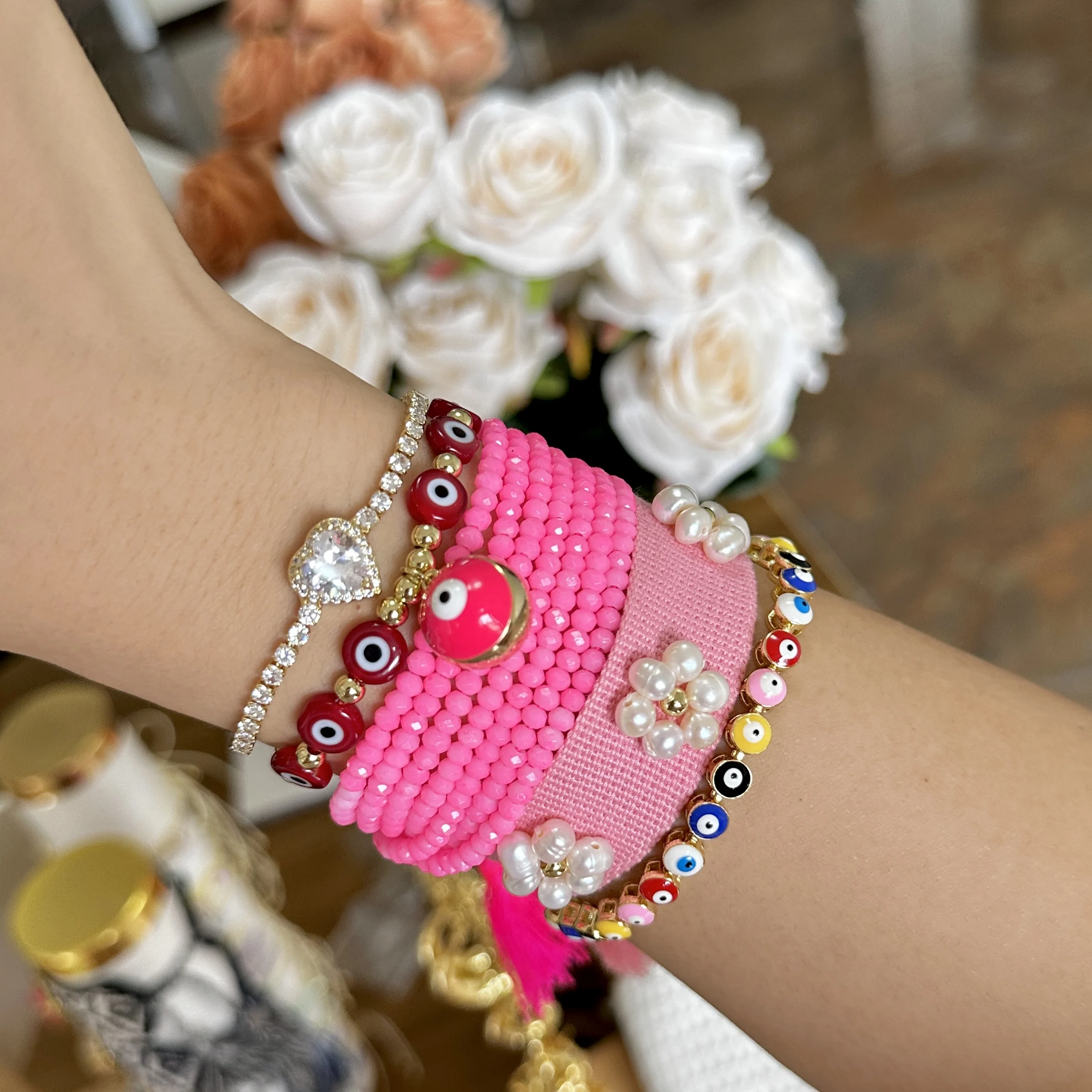 ins popular evil eye 18k gold plated bead heart zircon charm bracelet handmade crystal heart weave embroidery bracelet set women