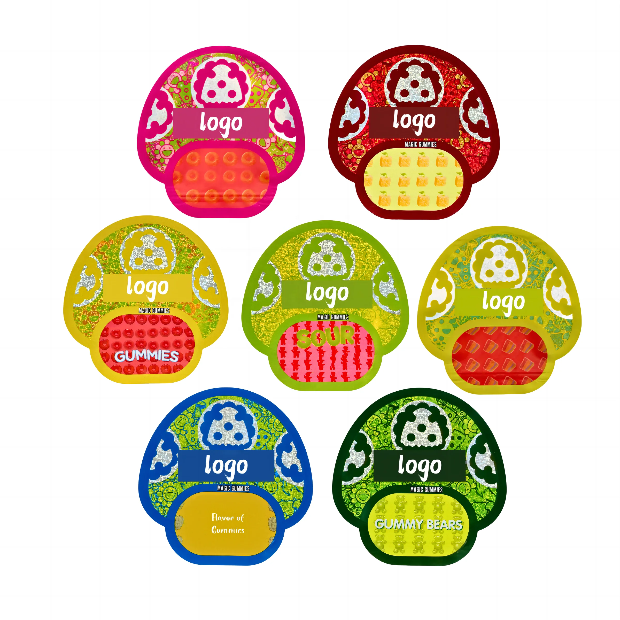 Custom shape holographic ziplock foil pouch watermelon sour gummy mushrooms packaging mylar bags 400mg