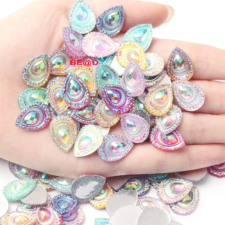13*18 mm Fashion Drop Rhinestone Ornaments Glue On Carnival Costumes Peacock Eye Flat Back AB Resin For Wedding/Home Decoration