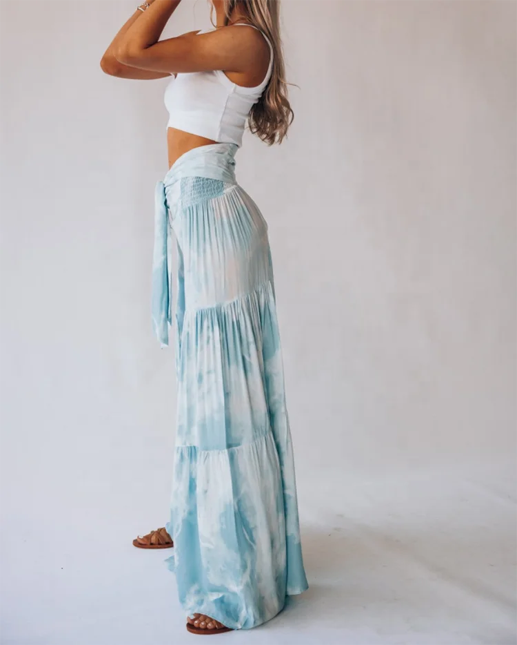 Модные свободные пляжные брюки с высокой эластичной талией и узлом синие плиссированные широкими штанинами для женщин