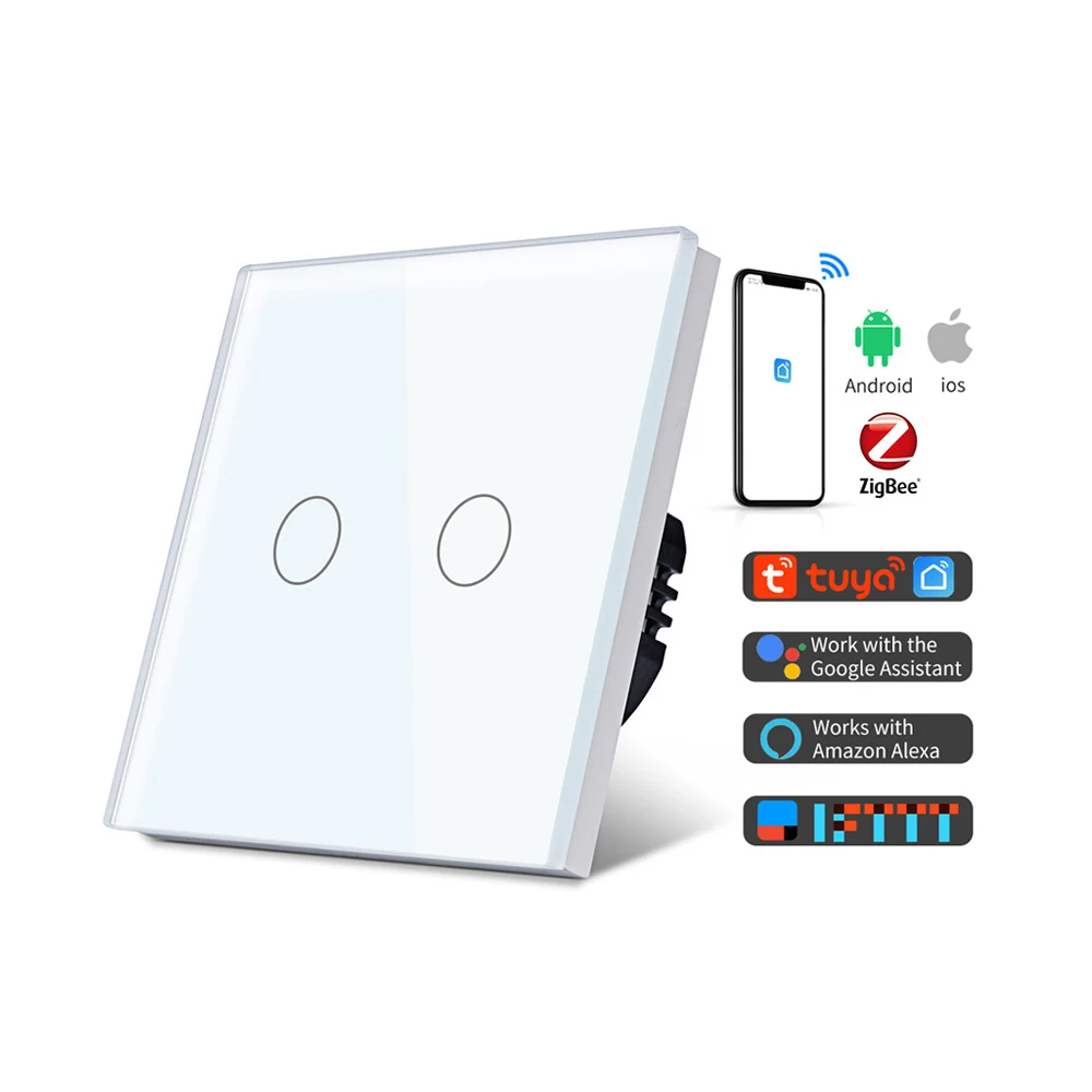 Simple Design Tuya Smart 2 Gang Zigbee Smart Light Switch 3.4 Inch Glass Panel switch switch