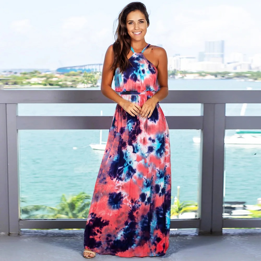 
Hot Sale Tie Dye Print Summer Maxi Dress Long Loose Style Slips Beach Sundress With Ruffles 