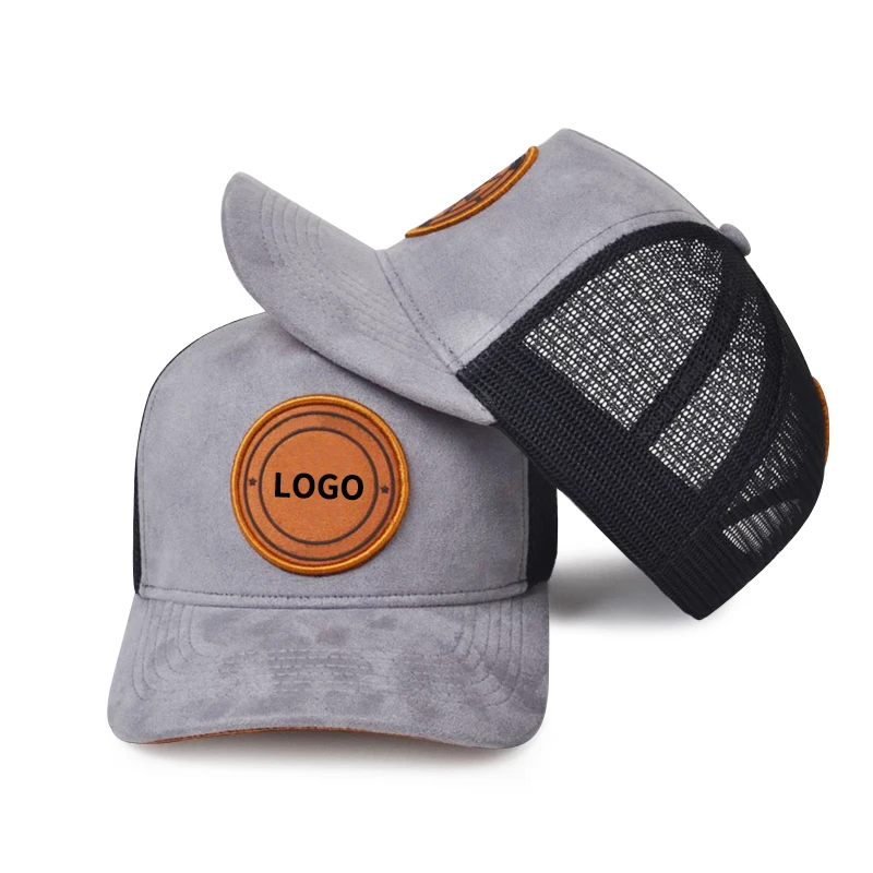 promotional Vintage 5 Panel Mesh Sports Gorros Baseball Cap Velvet Trucker hat with Custom Logo Leather Patch