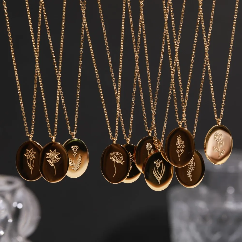 2022 Fashion Jewelry Real Gold Plated 316L Stainless Steel Embossed Flower Oval Pendant Necklace 12 Month Birth Flower necklace