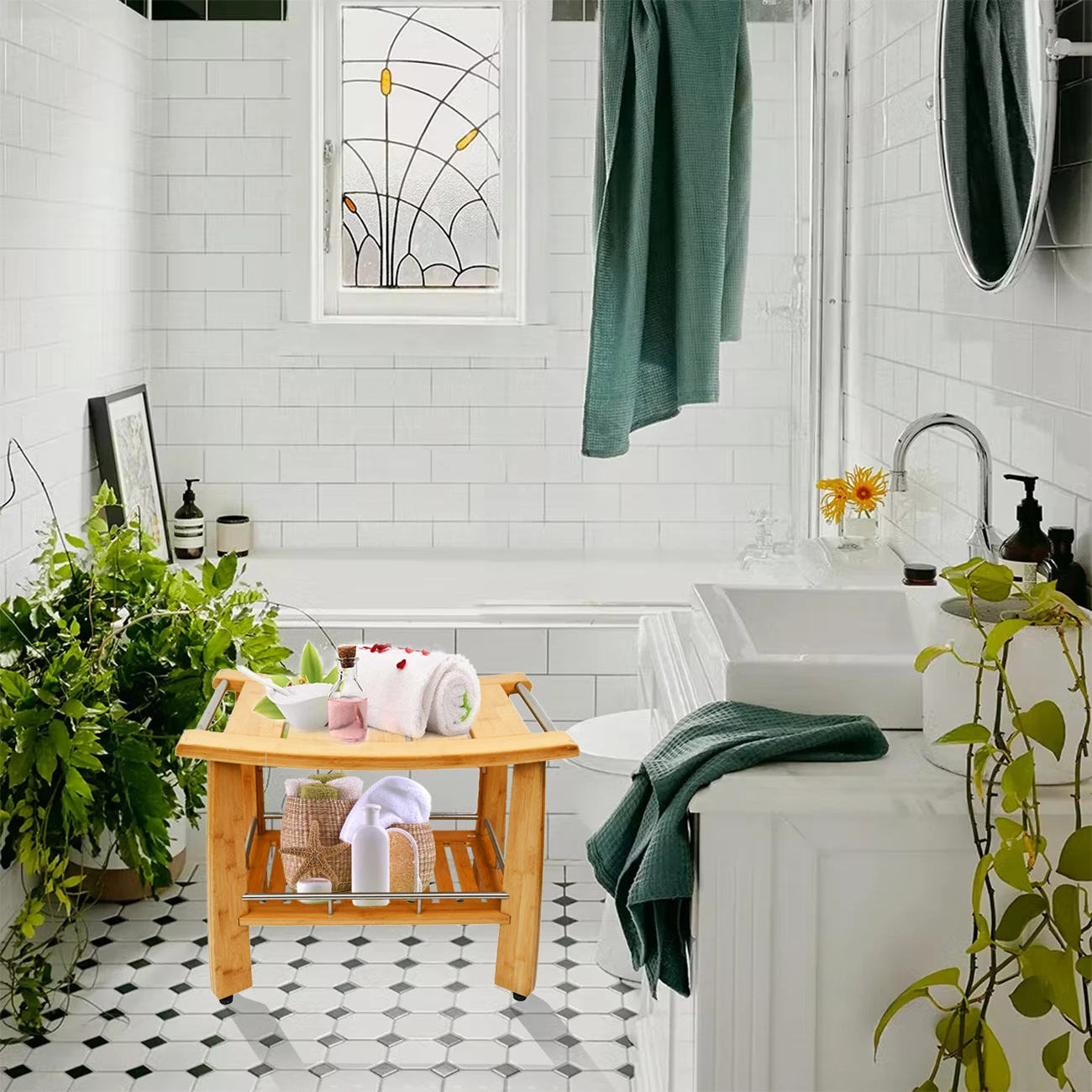 Bamboo 2-Tier Shower Bench Stool with Non-Slip Feets Storage Shelf for Shampoo Towel for Bathroom