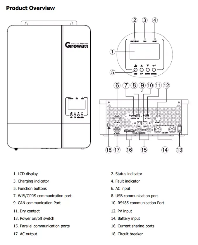 Wholesale High Power Solar Inverter 5KW 5000W SPF 5000 ES Growatt Off Grid Hybrid Inverter