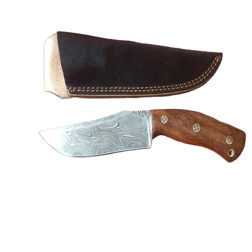 
DAMASCUS STEEL RANDOM PATTERN HUNTING SKINNING SURVIVAL BUSH CRAFT EDC KNIFE WITH WOOD HANDLE STEEL SPACER AND MOSAIC PINs 