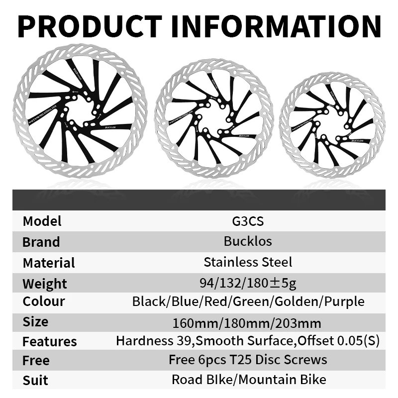 OEM/ODM BUCKLOS G3 Mtb Brake Disc 160MM 180MM 203MM Bicycle Hydraulic Disc Brake Rotors with 6 Bolts Ultralight Bike Brake Disc