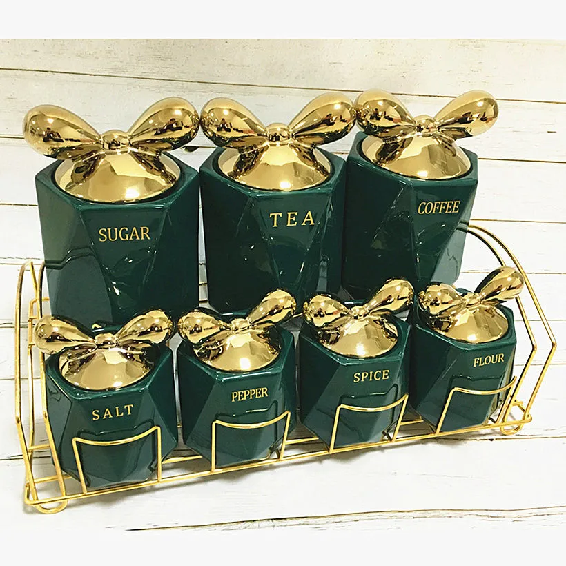 High quality 7Pcs Colors Crown Bowknot Lid Ceramic Sealed Jar Food Coffee Tea Sugar Spice Storage Jar Set